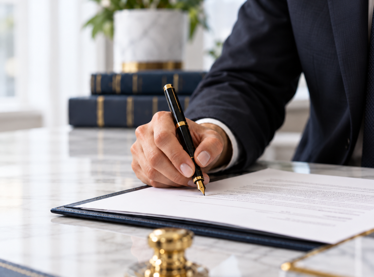 Hombre con traje oscuro firmando un documento legal con una pluma estilográfica sobre un escritorio.